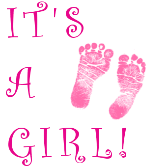 Graphic that says 'It's a girl!' with two footprints 